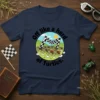 T-shirt with "Off like a herd of Turtles" text and cartoon turtles racing towards a checkered flag