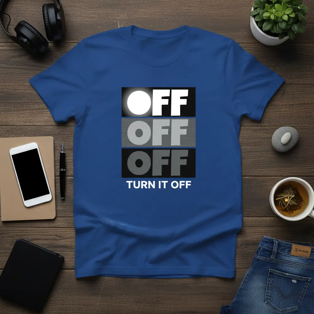 OFF OFF OFF TURN IT OFF slogan on a blue t-shirt with stacked graphic blocks