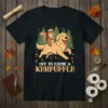 Off To Cause A Kerfuffle t-shirt with a golden retriever dog and a squirrel in a forest scene