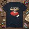 Off to Cause a Kerfuffle Easter bunny in a blimp graphic t-shirt design, yellow text, red blimp, festive Easter eggs