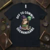 Off To Commit Shenanigans text with a cute wizard owl graphic on a dark t-shirt