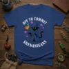 Black witch cat with pumpkin staff and text "Off To Commit Shenanigans" on a navy blue t-shirt