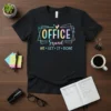 Black t-shirt with colorful "OFFICE Squad WE GET IT DONE" text and pastel geometric border