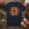 Official 13 Teenager basketball design with orange text and basketball graphic, printed on a navy t-shirt