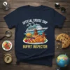 Official Cruise Ship Buffet Inspector T-Shirt design featuring a cruise ship and a plate of various foods
