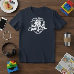 Official Member Cool Dads Club t-shirt with lion graphic holding coffee and baby bottle