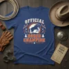 Official Rodeo Champion text with a leaping horse graphic on a navy blue t-shirt, designed for rodeo enthusiasts