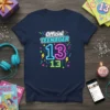 Official Teenager 13th birthday t-shirt design with neon-style text and the number 13 prominently displayed