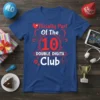Officially Part Of The 10 DOUBLE DIGITS Club text design on a blue t-shirt with red and white elements