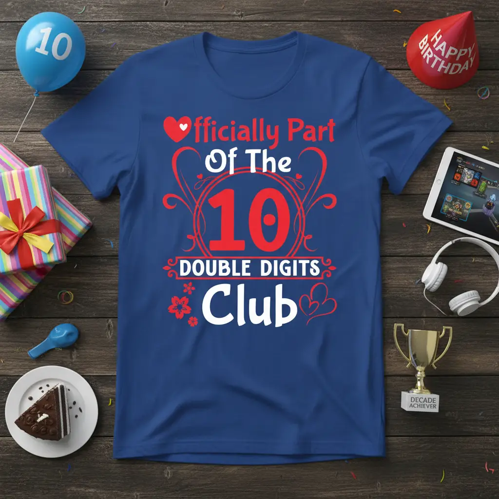 Officially Part Of The 10 DOUBLE DIGITS Club text design in red and white on a blue t-shirt