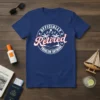 Officially Retired 2024 Problem Anymore text design with palm trees and ocean graphic on a navy blue t-shirt