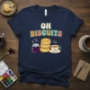 Retro "Oh Biscuits" t-shirt design with stack of biscuits, jam jar, and cup of tea