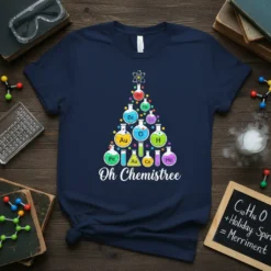 Oh Chemistree t-shirt design with a Christmas tree made of colorful chemistry beakers and test tubes