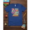 Oh hey first grade! text with retro font and a cute school bus graphic on a blue t-shirt