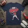 "Oh Snap" text above a cartoon football player in uniform throwing a football, on a navy t-shirt