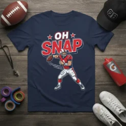 "Oh Snap" text above a cartoon football player in uniform throwing a football, on a navy t-shirt