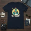 Retro "Oh Snap!" t-shirt design with a rocket launching from Earth graphic and vintage style