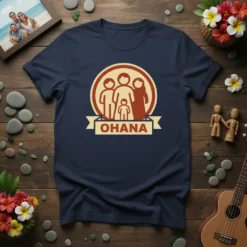 Navy blue t-shirt featuring a circular design with stylized figures representing a family and the word "OHANA" on a banner