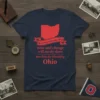 Navy blue t-shirt with red text and Ohio map graphic. Features the quote "The seasons pass the years will roll