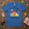 Oink! Baa! Moo! I Am Two! farm birthday t-shirt with barn, pig, cow, sheep, and duck graphic