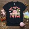 Farm birthday t-shirt with "Oink! Baa! Moo! I'm Two" text and cartoon farm animals like a pig, horse, sheep, and