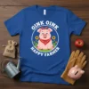 Oink Oink Happy Farmer T-Shirt with a smiling pig wearing a bandana and sunflowers