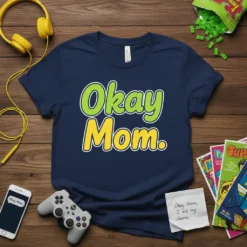 Navy blue t-shirt with "Okay Mom." text in green and yellow, featuring a playful font