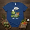 Okey Dokey Harvest Fresh & Ready t-shirt design featuring a chef artichoke character holding cooking utensils with fresh vegetables in