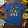 Okey Dokey kids birthday t-shirt with cartoon fox, owl, and raccoon wearing party hats