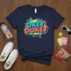 Okey Dokey text in a colorful retro bubble font on a navy blue t-shirt