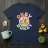 Navy t-shirt with "Okey Dokey" text in a retro font surrounding a thumbs up graphic