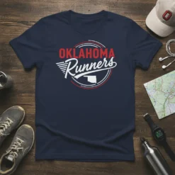 Navy blue t-shirt with "Oklahoma Runners" text and Oklahoma state outline graphic, designed for runners