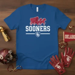 Oklahoma Sooners T-Shirt with "SOONERS" text and OU logo, featuring a wagon and horses graphic