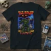Old Bones Invaders t-shirt design showing a green mech robot fighting red alien ships, with Japanese text below