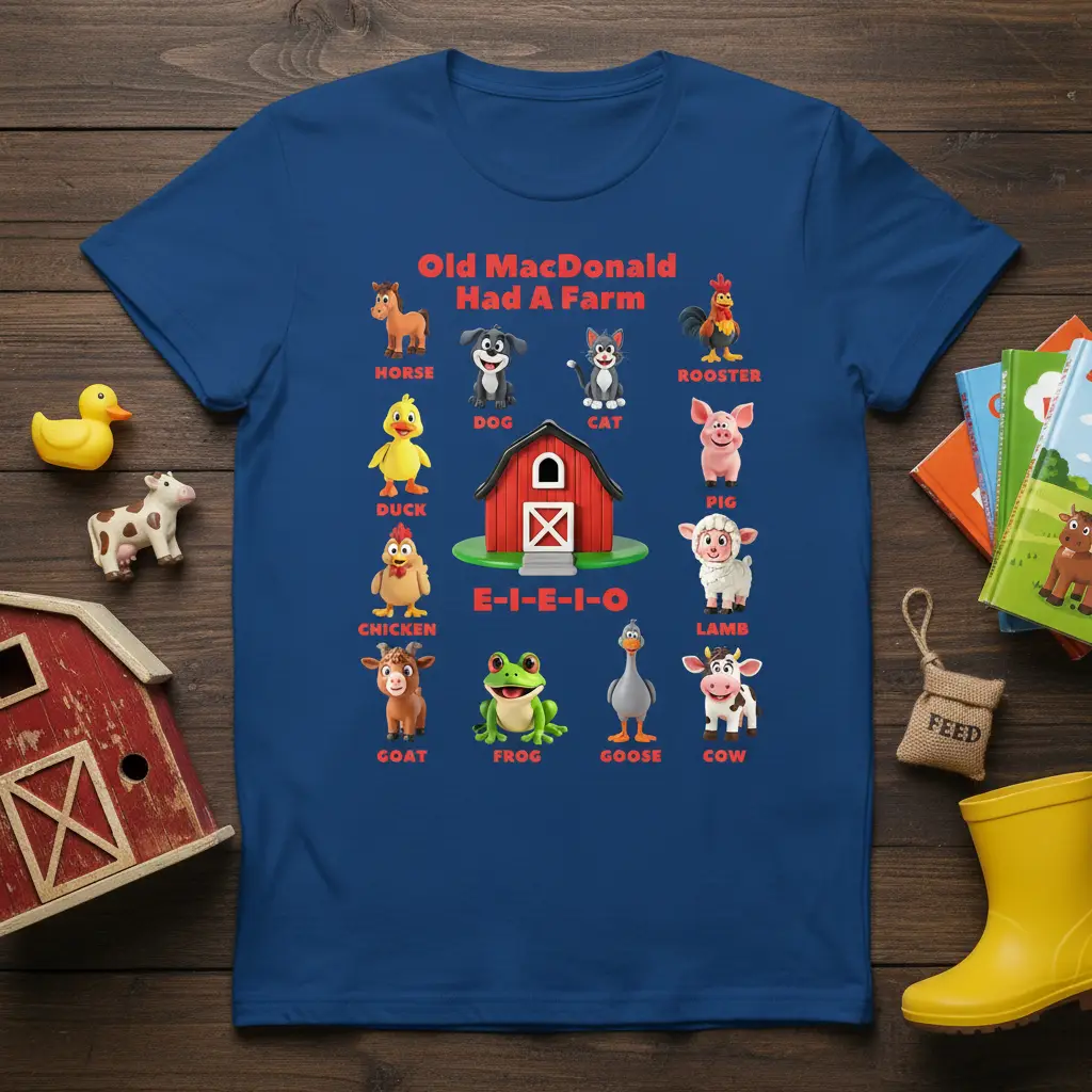 Old MacDonald Had a Farm song graphic with detailed farm animals and E-I-E-I-O text on a blue tee