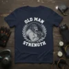 Old Man Strength t-shirt design with a muscular gorilla lifting dumbbells, surrounded by a laurel wreath