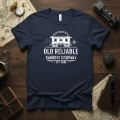 Old Reliable Caboose Company Est. 1890 text on a navy t-shirt with a vintage caboose graphic