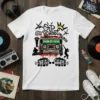 White t-shirt with "OLD SCHOOL PAID IN FULL HIP HOP" design, featuring a cassette tape, boombox, microphone, DJ, and graffiti
