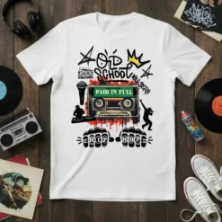 White t-shirt with "OLD SCHOOL PAID IN FULL HIP HOP" design, featuring a cassette tape, boombox, microphone, DJ, and graffiti