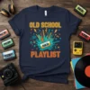 Old School Playlist text with a vintage cassette tape graphic on a navy t-shirt