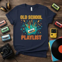 Old School Playlist text with a vintage cassette tape graphic on a navy t-shirt