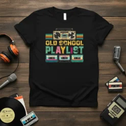 Old School Playlist T-Shirt with retro boombox and cassette tape graphics, featuring vintage 80s/90s music theme