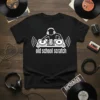 Old School Scratch DJ T-Shirt featuring a stick figure DJ with headphones on turntables, white text below