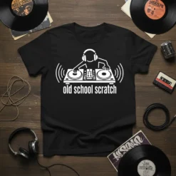 Old School Scratch DJ T-Shirt featuring a stick figure DJ with headphones on turntables, white text below