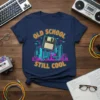Old School Still Cool t-shirt design with a floppy disk over a neon cityscape graphic