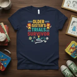 Older Sister's Trials Survivor quote on a navy t-shirt with lion graphics and icons representing challenges