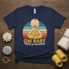 Om Baby Peace & Pacifiers text with meditating baby Buddha graphic on navy t-shirt