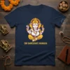 Om Ganeshaye Namaha mantra printed below a graphic of Lord Ganesha in yellow and white on a navy t-shirt