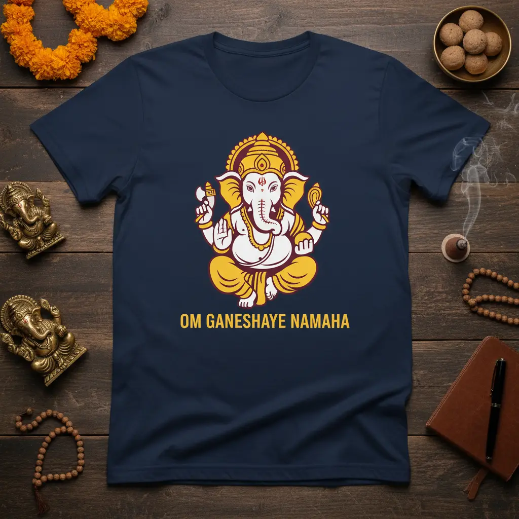 Om Ganeshaye Namaha mantra with Lord Ganesha illustration on a spiritual t-shirt design