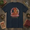 Om Mani Padme Hum mantra text in Tibetan script on a navy blue t-shirt, featuring a central deity graphic
